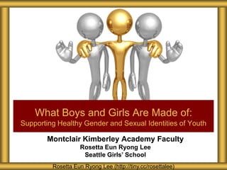 Montclair Kimberley Academy Faculty
Rosetta Eun Ryong Lee
Seattle Girls’ School
What Boys and Girls Are Made of:
Supporting Healthy Gender and Sexual Identities of Youth
Rosetta Eun Ryong Lee (http://tiny.cc/rosettalee)
 