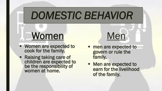 DOMESTIC BEHAVIOR
Women
 Women are expected to
cook for the family.
 Raising taking care of
children are expected to
be the responsibility of
women at home.
Men
 men are expected to
govern or rule the
family.
 Men are expected to
earn for the livelihood
of the family.
 