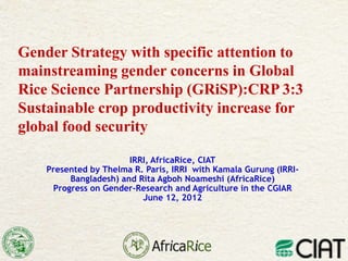 Gender Strategy with specific attention to
mainstreaming gender concerns in Global
Rice Science Partnership (GRiSP):CRP 3:3
Sustainable crop productivity increase for
global food security

                       IRRI, AfricaRice, CIAT
    Presented by Thelma R. Paris, IRRI with Kamala Gurung (IRRI-
         Bangladesh) and Rita Agboh Noameshi (AfricaRice)
     Progress on Gender-Research and Agriculture in the CGIAR
                          June 12, 2012
 
