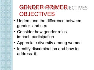 GENDER PRIMER
OBJECTIVES
• Understand the difference between
gender and sex
• Consider how gender roles
impact participation
• Appreciate diversity among women
• Identify discrimination and how to
address it
 