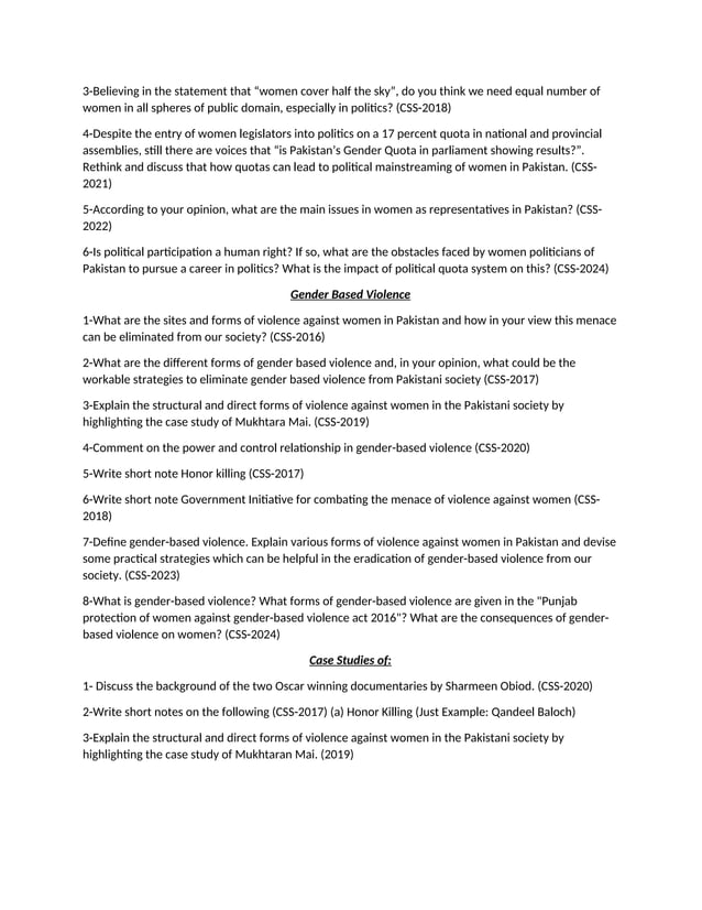 CSS Gender Studies Past Paper Analysis (Topic-Wise) 2016-2024.docx