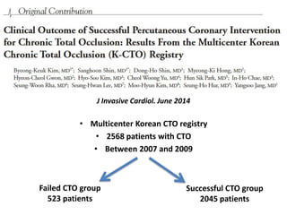 J Invasive Cardiol. June 2014
• Multicenter Korean CTO registry
• 2568 patients with CTO
• Between 2007 and 2009
Successful CTO group
2045 patients
Failed CTO group
523 patients
 