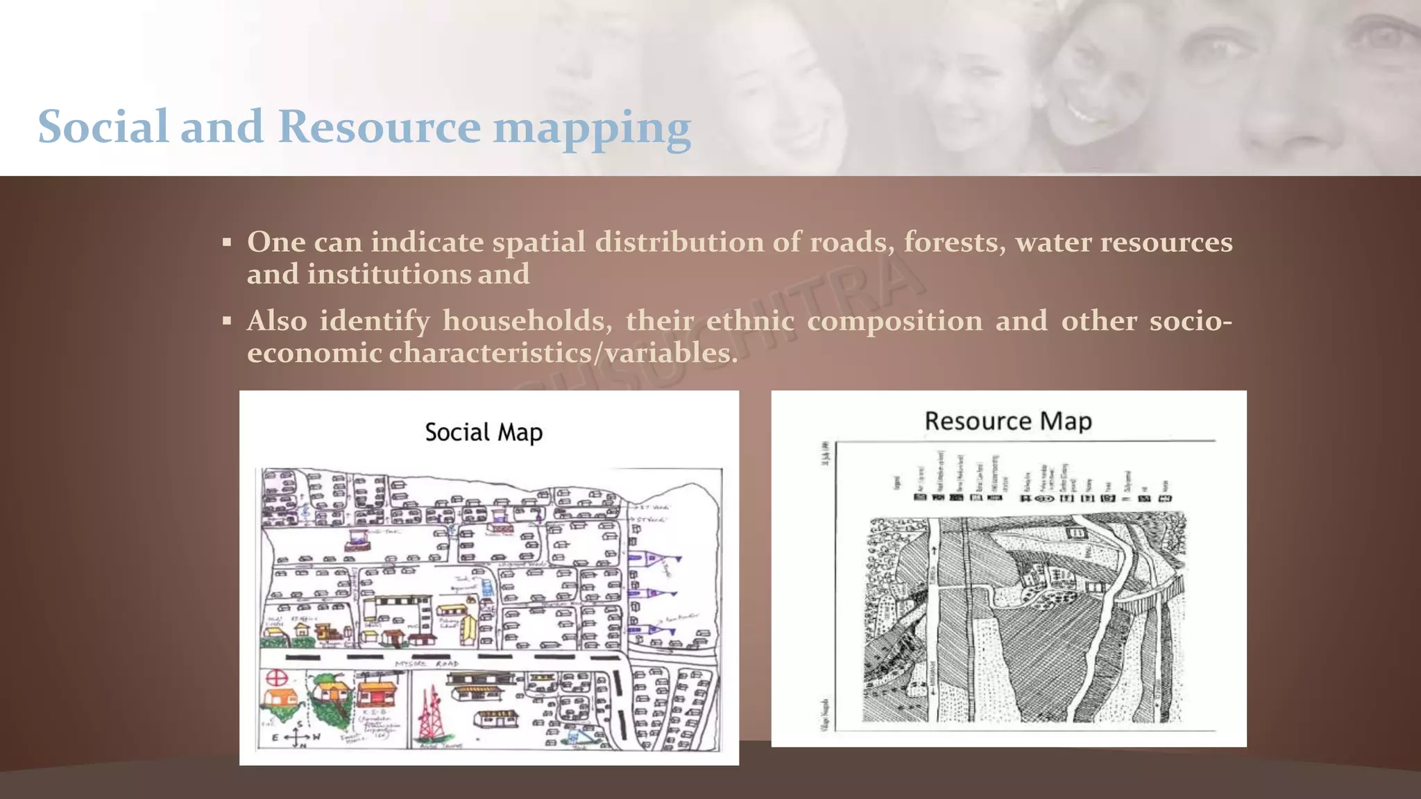  One can indicate spatial distribution of roads, forests, water resources
and institutions and
 Also identify households, their ethnic composition and other socio-
economic characteristics/variables.
Social and Resource mapping
 