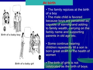 At birth

Birth of a baby boy

• The family rejoices at the birth
of a boy
• The male child is favored
because boys are perceived as
capable of earning and adding
to family wealth, carrying on the
family name and supporting
parents in old age etc.
• Some continue bearing
children repeatedly till a son is
born great strain to the health of
women

Birth of a baby girl

• The birth of girls is not
celebrated as the birth of boys.

 