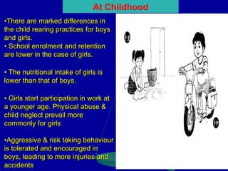 At Childhood
•There are marked differences in
the child rearing practices for boys
and girls.
• School enrolment and retention
are lower in the case of girls.
• The nutritional intake of girls is
lower than that of boys.
• Girls start participation in work at
a younger age. Physical abuse &
child neglect prevail more
commonly for girls
•Aggressive & risk taking behaviour
is tolerated and encouraged in
boys, leading to more injuries and
accidents

 
