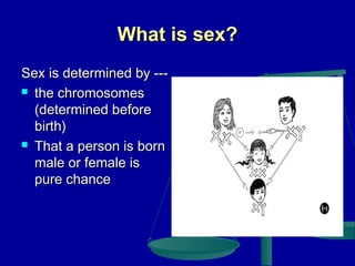 What is sex?
Sex is determined by -- the chromosomes
(determined before
birth)
 That a person is born
male or female is
pure chance

 