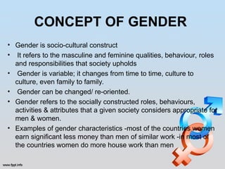 CONCEPT OF GENDER
• Gender is socio-cultural construct
• It refers to the masculine and feminine qualities, behaviour, roles
and responsibilities that society upholds
• Gender is variable; it changes from time to time, culture to
culture, even family to family.
• Gender can be changed/ re-oriented.
• Gender refers to the socially constructed roles, behaviours,
activities & attributes that a given society considers appropriate for
men & women.
• Examples of gender characteristics -most of the countries women
earn significant less money than men of similar work -in most of
the countries women do more house work than men
 