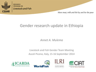 Gender research update in Ethiopia 
Annet A. Mulema 
Livestock and Fish Gender Team Meeting 
Ascoli Piceno, Italy, 15-16 September 2014 
 