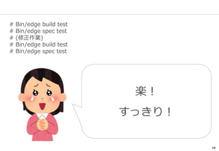 28
# Bin/edge build test
# Bin/edge spec test
# (修正作業)
# Bin/edge build test
# Bin/edge spec test
楽！
すっきり！
 