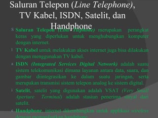 Saluran Telepon ( Line Telephone) , TV Kabel, ISDN, Satelit, dan Handphone   Saluran Telepon  (Line Tlephone)  merupakan  perangkat keras yang diperlukan untuk menghubungkan komputer dengan internet. TV Kabel  untuk melakukan akses internet juga bisa dilakukan dengan menggunakan TV kabel. ISDN  (Integrated Services Digital Network)  adalah suatu sistem telekomunikasi dimana layanan antara data, suara, dan gambar diintegrasikan ke dalam suatu jaringan, serta merupakan transmisi sistem telepon analog ke sistem digital. Satelit , satelit yang digunakan adalah VSAT  (Very Small Aperture  Terminal)  adalah stasiun penerima sinyal dari satelit. Handphone , internet dikembangkan untuk applikasi  wireless  dengan memanfaatkan handphone.  