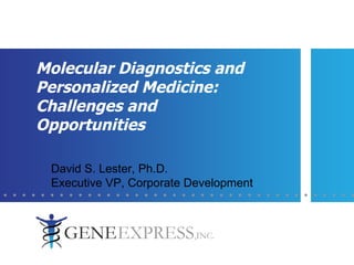 Molecular Diagnostics and Personalized Medicine: Challenges and Opportunities David S. Lester, Ph.D.  Executive VP, Corporate Development 
