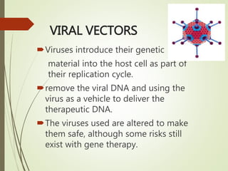VIRAL VECTORS
Viruses introduce their genetic
material into the host cell as part of
their replication cycle.
remove the viral DNA and using the
virus as a vehicle to deliver the
therapeutic DNA.
The viruses used are altered to make
them safe, although some risks still
exist with gene therapy.
 