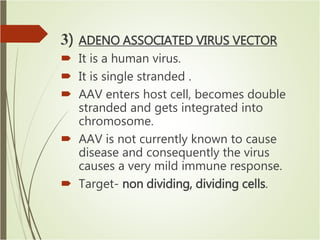3) ADENO ASSOCIATED VIRUS VECTOR
 It is a human virus.
 It is single stranded .
 AAV enters host cell, becomes double
stranded and gets integrated into
chromosome.
 AAV is not currently known to cause
disease and consequently the virus
causes a very mild immune response.
 Target- non dividing, dividing cells.
 