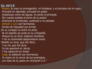 Gn. 49:3-8
“Rubén, tú eres mi primogénito, mi fortaleza, y el principio de mi vigor;
Principal en dignidad, principal en poder.
Impetuoso como las aguas, no serás el principal,
Por cuanto subiste al lecho de tu padre;
Entonces te envileciste, subiendo a mi estrado.
Simeón y Leví son hermanos;
Armas de iniquidad sus armas.
En su consejo no entre mi alma,
Ni mi espíritu se junte en su compañía.
Porque en su furor mataron hombres,
Y en su temeridad desjarretaron toros.
Maldito su furor, que fue fiero;
Y su ira, que fue dura.
Yo los apartaré en Jacob,
Y los esparciré en Israel.
Judá, te alabarán tus hermanos;
Tu mano en la cerviz de tus enemigos;
Los hijos de tu padre se inclinarán a ti.”
 