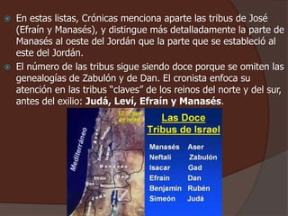  En estas listas, Crónicas menciona aparte las tribus de José
(Efraín y Manasés), y distingue más detalladamente la parte de
Manasés al oeste del Jordán que la parte que se estableció al
este del Jordán.
 El número de las tribus sigue siendo doce porque se omiten las
genealogías de Zabulón y de Dan. El cronista enfoca su
atención en las tribus “claves” de los reinos del norte y del sur,
antes del exilio: Judá, Leví, Efraín y Manasés.
 