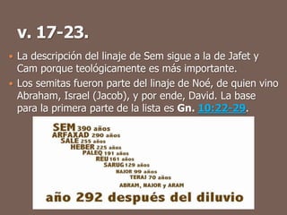  La descripción del linaje de Sem sigue a la de Jafet y
Cam porque teológicamente es más importante.
 Los semitas fueron parte del linaje de Noé, de quien vino
Abraham, Israel (Jacob), y por ende, David. La base
para la primera parte de la lista es Gn. 10:22-29.
 