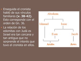  Enseguida el cronista
habló de sus vínculos
familiares (v. 38-42).
Esto corresponde con el
orden de Gn. 36.
 La relación de los
edomitas con Judá es
Israel era tan cercana y
tan antigua que no
sorprende el interés que
tuvo el cronista en ellos.
 