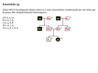 Exercício 13
(Fatec-SP) O heredograma abaixo refere-se a uma característica condicionada por um único par
de genes. São obrigatoriamente heterozigotos:
a) l, 3, 5, 10.
b) 2, 6, 7, 8.
c) 2, 4, 6, 8.
d) 2, 6, 7, 9.
e) 2, 4, 6, 7, 8, 9.
Aa Aa
aaA_
aa aa
aa
Aa A_
Aa
 
