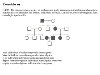 Exercício 19
(UFBA) No heredograma a seguir, os símbolos em preto representam indivíduos afetados pela
polidactilia e os símbolos em branco, indivíduos normais. Conclui-se, desse heredograma que,
em relação à polidactilia:
a) os indivíduos afetados sempre são homozigotos.
b) os indivíduos normais sempre são heterozigotos.
c) os indivíduos heterozigotos são apenas de um sexo
d) pais normais originam indivíduos homozigotos recessivos.
e) pais normais originam indivíduos heterozigotos.
 