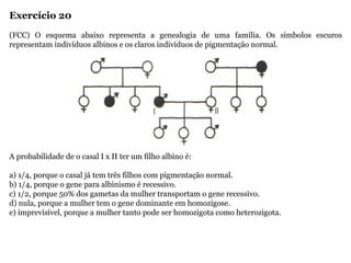 Exercício 20
(FCC) O esquema abaixo representa a genealogia de uma família. Os símbolos escuros
representam indivíduos albinos e os claros indivíduos de pigmentação normal.
A probabilidade de o casal I x II ter um filho albino é:
a) 1/4, porque o casal já tem três filhos com pigmentação normal.
b) 1/4, porque o gene para albinismo é recessivo.
c) 1/2, porque 50% dos gametas da mulher transportam o gene recessivo.
d) nula, porque a mulher tem o gene dominante em homozigose.
e) imprevisível, porque a mulher tanto pode ser homozigota como heterozigota.
 