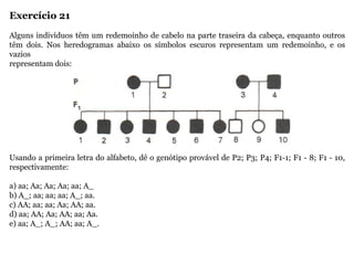 Exercício 21
Alguns indivíduos têm um redemoinho de cabelo na parte traseira da cabeça, enquanto outros
têm dois. Nos heredogramas abaixo os símbolos escuros representam um redemoinho, e os
vazios
representam dois:
Usando a primeira letra do alfabeto, dê o genótipo provável de P2; P3; P4; F1-1; F1 - 8; F1 - 10,
respectivamente:
a) aa; Aa; Aa; Aa; aa; A_
b) A_; aa; aa; aa; A_; aa.
c) AA; aa; aa; Aa; AA; aa.
d) aa; AA; Aa; AA; aa; Aa.
e) aa; A_; A_; AA; aa; A_.
 