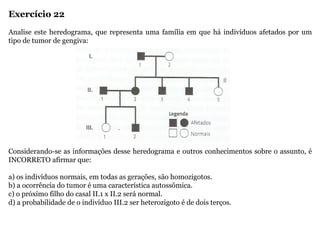 Exercício 22
Analise este heredograma, que representa uma família em que há indivíduos afetados por um
tipo de tumor de gengiva:
Considerando-se as informações desse heredograma e outros conhecimentos sobre o assunto, é
INCORRETO afirmar que:
a) os indivíduos normais, em todas as gerações, são homozigotos.
b) a ocorrência do tumor é uma característica autossômica.
c) o próximo filho do casal II.1 x II.2 será normal.
d) a probabilidade de o indivíduo III.2 ser heterozigoto é de dois terços.
 