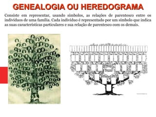 GENEALOGIA OU HEREDOGRAMAGENEALOGIA OU HEREDOGRAMA
Consiste em representar, usando símbolos, as relações de parentesco entre os
indivíduos de uma família. Cada indivíduo é representado por um símbolo que indica
as suas características particulares e sua relação de parentesco com os demais.
 
