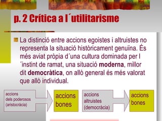 p. 2 Crítica a l´utilitarisme La distinció entre accions egoistes i altruistes no representa la situació històricament genuïna. És més aviat pròpia d´una cultura dominada per l´instint de ramat, una situació  moderna , millor dit  democràtica , on allò general és més valorat que allò individual. accions dels poderosos (aristocràcia) accions altruistes (democràcia) accions bones accionsbones 