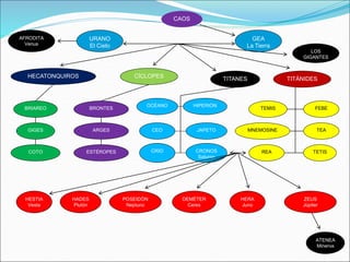 TITANES
URANO
El Cielo
CAOS
GEA
La Tierra
CÍCLOPES
HECATONQUIROS TITÁNIDES
BRIAREO
GIGES
COTO
BRONTES
ARGES
ESTÉROPES
OCÉANO
CEO
CRÍO
HIPERIÓN
JAPETO
CRONOS
Saturno
REA
TEA
TETIS
MNEMOSINE
LOS
GIGANTES
AFRODITA
Venus
HESTIA
Vesta
HADES
Plutón
HERA
Juno
DEMÉTER
Ceres
POSEIDÓN
Neptuno
ZEUS
Júpiter
ATENEA
Minerva
TEMIS FEBE
 