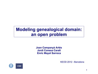 Modeling genealogical domain:
      an open problem

        Joan Campanyà Artés
         Jordi Conesa Caralt
         Enric Mayol Sarroca


                          KEOD 2012 - Barcelona


                                                  1
 