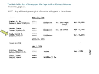 The Hale Collection of Newspaper Marriage Notices Abstract Volumes-In volume 3, page 221.  NOTE:   Any additional genealogical information will appear in the volumes.