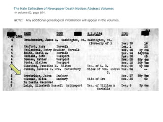The Hale Collection of Newspaper Death Notices Abstract Volumes-In volume 62, page 664. NOTE:   Any additional genealogical information will appear in the volumes.