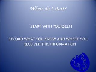 Where do I start?   START WITH YOURSELF!  RECORD WHAT YOU KNOW AND WHERE YOU RECEIVED THIS INFORMATION 