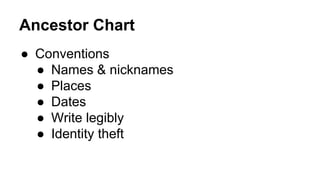 Ancestor Chart
● Conventions
● Names & nicknames
● Places
● Dates
● Write legibly
● Identity theft
 
