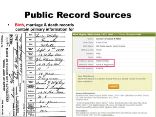 Public Record Sources
•

Birth, marriage & death records
contain primary information for
birth, marriage, death

 