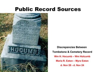 Public Record Sources
Cemetery records

Discrepancies Between
Tombstone & Cemetery Record
Wm H. Hocumb – Wm Holcumb
Maria R. Eaton – Myra Eaton
d. Nov 28 - d. Nov 24

 