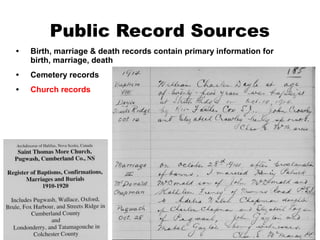 Public Record Sources
•

Birth, marriage & death records contain primary information for
birth, marriage, death

•

Cemetery records

•

Church records

 