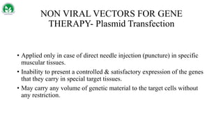 NON VIRAL VECTORS FOR GENE
THERAPY- Plasmid Transfection
• Applied only in case of direct needle injection (puncture) in specific
muscular tissues.
• Inability to present a controlled & satisfactory expression of the genes
that they carry in special target tissues.
• May carry any volume of genetic material to the target cells without
any restriction.
 