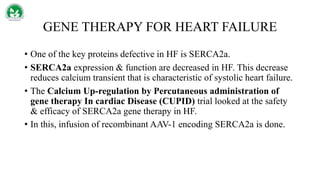 GENE THERAPY FOR HEART FAILURE
• One of the key proteins defective in HF is SERCA2a.
• SERCA2a expression & function are decreased in HF. This decrease
reduces calcium transient that is characteristic of systolic heart failure.
• The Calcium Up-regulation by Percutaneous administration of
gene therapy In cardiac Disease (CUPID) trial looked at the safety
& efficacy of SERCA2a gene therapy in HF.
• In this, infusion of recombinant AAV-1 encoding SERCA2a is done.
 