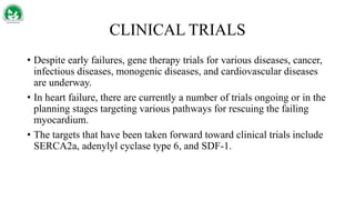 CLINICAL TRIALS
• Despite early failures, gene therapy trials for various diseases, cancer,
infectious diseases, monogenic diseases, and cardiovascular diseases
are underway.
• In heart failure, there are currently a number of trials ongoing or in the
planning stages targeting various pathways for rescuing the failing
myocardium.
• The targets that have been taken forward toward clinical trials include
SERCA2a, adenylyl cyclase type 6, and SDF-1.
 