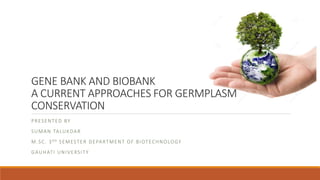GENE BANK AND BIOBANK
A CURRENT APPROACHES FOR GERMPLASM
CONSERVATION
PRESENTED BY
SUMAN TALUKDAR
M.SC. 3RD SEMESTER DEPARTMENT OF BIOTECHNOLOGY
GAUHATI UNIVERSITY
 