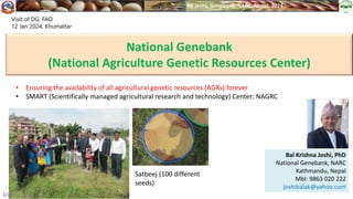 BK Joshi, Genebank, NARC, Nepal; 2024
1/13
National Genebank
(National Agriculture Genetic Resources Center)
Bal Krishna Joshi, PhD
National Genebank, NARC
Kathmandu, Nepal
Mbl: 9863 020 222
joshibalak@yahoo.com
• Ensuring the availability of all agricultural genetic resources (AGRs) forever
• SMART (Scientifically managed agricultural research and technology) Center: NAGRC
Visit of DG, FAO
12 Jan 2024, Khumaltar
Satbeej (100 different
seeds)
 