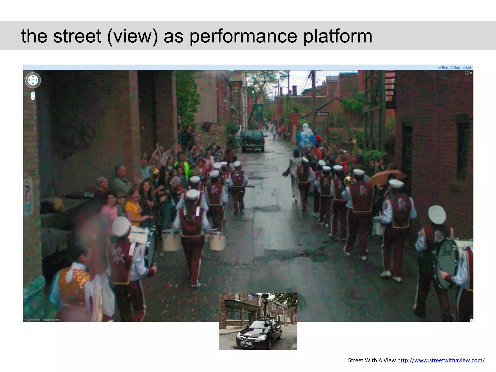 the street (view) as performance platform




                                      Street With A View http://www.streetwithaview.com/
 