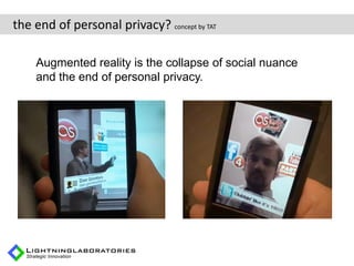 the end of personal privacy? concept by TAT

    Augmented reality is the collapse of social nuance
    and the end of per...