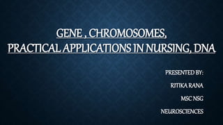 GENE , CHROMOSOMES,
PRACTICAL APPLICATIONS IN NURSING, DNA
PRESENTEDBY:
RITIKARANA
MSC NSG
NEUROSCIENCES
 