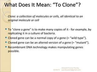 What Does It Mean: “To Clone”?What Does It Mean: “To Clone”?
Clone: a collection of molecules or cells, all identical to an
original molecule or cell
 To "clone a gene" is to make many copies of it - for example, by
replicating it in a culture of bacteria.
 Cloned gene can be a normal copy of a gene (= “wild type”).
 Cloned gene can be an altered version of a gene (= “mutant”).
 Recombinant DNA technology makes manipulating genes
possible.
02/20/15
Asheesh Kumar Pandey
(pandeyasish@gmail.com)
 