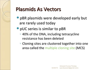 Plasmids As VectorsPlasmids As Vectors
pBR plasmids were developed early but
are rarely used today
pUC series is similar to pBR
◦ 40% of the DNA, including tetracycline
resistance has been deleted
◦ Cloning sites are clustered together into one
area called the multiple cloning site (MCS)
02/20/15
Asheesh Kumar Pandey
(pandeyasish@gmail.com)
 