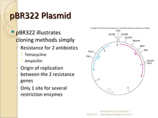 pBR322 PlasmidpBR322 Plasmid
pBR322 illustrates
cloning methods simply
◦ Resistance for 2 antibiotics
 Tetracycline
 Ampicillin
◦ Origin of replication
between the 2 resistance
genes
◦ Only 1 site for several
restriction enzymes
02/20/15
Asheesh Kumar Pandey
(pandeyasish@gmail.com)
 