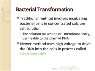 Bacterial TransformationBacterial Transformation
Traditional method involves incubating
bacterial cells in concentrated calcium
salt solution
◦ The solution makes the cell membrane leaky,
permeable to the plasmid DNA
Newer method uses high voltage to drive
the DNA into the cells in process called
electroporation
02/20/15
Asheesh Kumar Pandey
(pandeyasish@gmail.com)
 