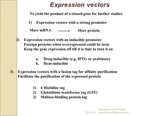 Expression vectors
To yield the product of a cloned gene for further studies
1) Expression vectors with a strong promoter
More mRNA More protein
2) Expression vectors with an inducible promoter
Foreign proteins when overexpressed could be toxic
Keep the gene expression off till it is time to turn it on
a. Drug-inducible (e.g. IPTG or arabinose)
b. Heat-inducible
3) Expression vectors with a fusion tag for affinity purification
Facilitate the purification of the expressed protein
1) 6 Histidine tag
2) Glutathione transferase tag (GST)
3) Maltose-binding protein tag
02/20/15
Asheesh Kumar Pandey
(pandeyasish@gmail.com)
 